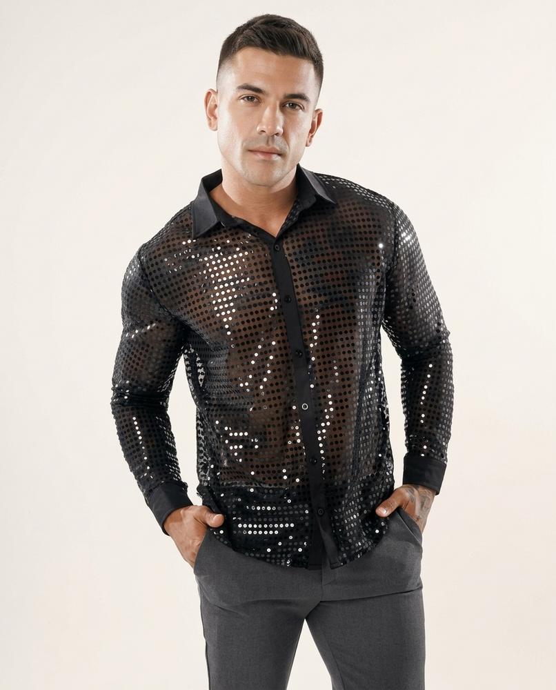 Lands Mode - Nolev | Paillettenbesetzt Transparent Hemd Herren